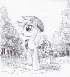 Size: 2297x2545 | Tagged: safe, artist:violetsquiggles, applejack, fluttershy, g4, bucket, drawing, high res, monochrome, mouth hold, path, saddle bag, traditional art