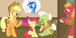 Size: 1367x692 | Tagged: safe, artist:hyolark, apple bloom, applejack, big macintosh, granny smith, minuette, earth pony, pony, g4, male, stallion, string, this will end in pain, this will end in tears