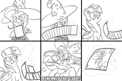 Size: 3000x2000 | Tagged: safe, artist:late, princess celestia, trixie, twilight sparkle, alicorn, pony, g4, card, card trick, comic, female, high res, magic, magic trick, mare, monochrome, twilight sparkle (alicorn)