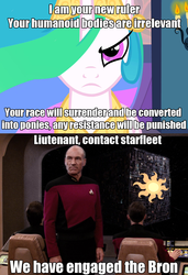 Size: 1016x1484 | Tagged: safe, princess celestia, alicorn, human, pony, fanfic:the conversion bureau, a canterlot wedding, g4, my little pony: friendship is magic, borg, data, exploitable meme, humanity fuck yeah, jean-luc picard, meme, star trek, the conversion bureau, wesley crusher, xenolestia