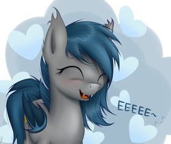 Size: 1313x1105 | Tagged: safe, artist:xn-d, oc, oc only, oc:speck, bat pony, pony, blushing, cute, eeee, eyes closed, fangs, happy, open mouth, smiling, solo