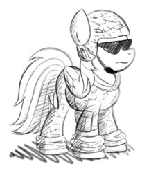 Size: 860x929 | Tagged: safe, artist:drawponies, rainbow dash, g4, battlefield, clothes, drawing, female, monochrome, solo, uniform