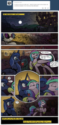Size: 1750x3709 | Tagged: safe, artist:selenophile, berry punch, berryshine, dj pon-3, princess celestia, princess luna, vinyl scratch, alicorn, earth pony, pegasus, pony, unicorn, g4, :<, alcohol, blushing, canterlot, comic, confused, eyes closed, female, floppy ears, frown, glass, incest, kissing, lesbian, moonlight inquiries, party, passionate, question mark, raised hoof, royal sisters, ship:princest, shipping, siblings, sisters, smiling, surprise kiss, tumblr, wide eyes