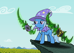 Size: 6422x4640 | Tagged: safe, artist:bruinsbrony216, trixie, pony, unicorn, g4, absurd resolution, cape, clothes, female, glaive, illidan stormrage, magic, mare, raised eyebrow, smiling, smirk, solo, telekinesis, warcraft, warglaives of azzinoth, world of warcraft