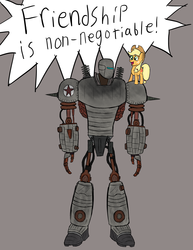 Size: 2607x3377 | Tagged: safe, artist:zaponator, applejack, g4, dialogue, fallout, fallout 3, gray background, high res, liberty prime, simple background