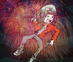 Size: 1866x1585 | Tagged: safe, artist:normal drawfag, normal norman, equestria girls, g4, 4th of july, american flag, american independence day, background human, fireworks, gun, male, pistol, solo