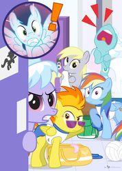 Size: 960x1350 | Tagged: safe, artist:dm29, cloudchaser, derpy hooves, fleetfoot, rainbow dash, soarin', spitfire, pegasus, pony, g4, angry, caught, door, locker room, screaming, shower, steam, sunglasses, this will end in pain, towel, volleyball, we don't normally wear clothes, wonderbolts