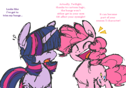 Size: 751x530 | Tagged: safe, artist:artflicker, pinkie pie, twilight sparkle, g4, alternate hairstyle, bangs, breaking the fourth wall, dialogue, eyes closed, frown, hair, hair over eyes, haircut, hidden eyes, laughing, lol, mane, open mouth, smiling