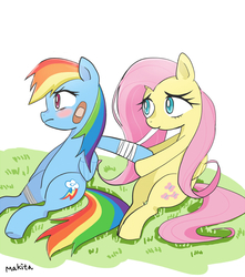 Size: 744x840 | Tagged: safe, artist:makita, fluttershy, rainbow dash, g4, band-aid, bandage, blushing, first aid, grass, pixiv, sitting