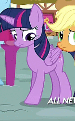 Size: 295x472 | Tagged: safe, screencap, applejack, twilight sparkle, alicorn, pony, g4, maud pie (episode), animated, awkward, female, frown, horses doing horse things, looking down, mare, pawing the ground, twilight sparkle (alicorn)