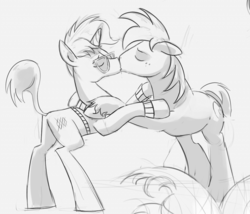 Size: 708x607 | Tagged: safe, artist:gsphere, big macintosh, trenderhoof, earth pony, pony, g4, duo, gay, kiss on the lips, kissing, male, monochrome, shipping, sketch, stallion, trendermac