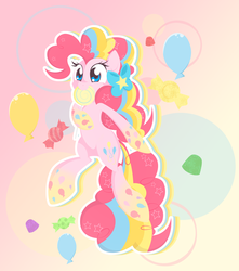 Size: 2742x3108 | Tagged: safe, artist:natsu714, pinkie pie, g4, balloon, candy, female, high res, lollipop, rainbow power, solo