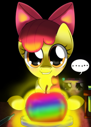 Size: 1200x1680 | Tagged: safe, artist:hoyeechun, apple bloom, twilight sparkle, earth pony, pony, g4, ..., apple, duo, food, foreground, glowing, looking at you, science, solo focus, zap apple