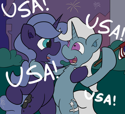 Size: 1280x1166 | Tagged: safe, artist:solipsus, princess luna, trixie, g4, 4th of july, american flag, american independence day, fireworks, s1 luna, united states