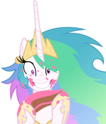 Size: 5100x6000 | Tagged: safe, artist:magister39, princess celestia, alicorn, pony, g4, absurd resolution, cake, cakelestia, eyes on the prize, female, grin, hoof hold, irrational exuberance, jewelry, mare, messy, messy eating, messy mane, mismatched eyes, regalia, simple background, smiling, snaplestia, solo, transparent background, vector, wide eyes