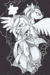 Size: 618x930 | Tagged: safe, artist:queenmorta, lightning dust, trixie, g4, grayscale, monochrome