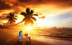 Size: 1920x1200 | Tagged: safe, artist:colorfulbrony, artist:quanno3, artist:tamalesyatole, rainbow dash, scootaloo, g4, beach, butt, irl, palm tree, photo, plot, ponies in real life, scootalove, sunset, tree, vector