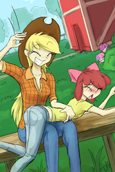 Size: 660x990 | Tagged: safe, artist:spankinglover, apple bloom, applejack, scootaloo, sweetie belle, human, equestria girls, g4, applebuse, applejack is a spankaholic, ass, blushing, butt, clothes, colored, eyes closed, humanized, jeans, midriff, over the knee, playful, punishment, sibling teasing, siblings, sisters, smiling, spanking, spying