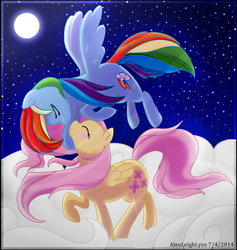 Size: 1024x1079 | Tagged: safe, artist:aleuwolfess, fluttershy, rainbow dash, g4, cloud, cloudy, female, lesbian, night, ship:flutterdash, shipping