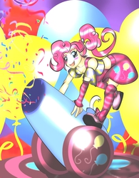 Size: 1990x2555 | Tagged: safe, artist:fourze-pony, pinkie pie, human, g4, cannon, clothes, cute, female, humanized, party cannon, solo