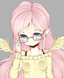 Size: 1024x1236 | Tagged: safe, artist:baka0917, fluttershy, human, g4, against glass, female, glasses, humanized, solo, winged humanization