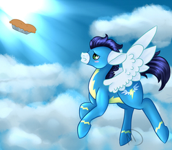 Size: 900x783 | Tagged: safe, artist:mdragonflame, soarin', g4, flying, male, pie, solo, that pony sure does love pies, wonderbolts uniform