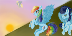 Size: 1360x686 | Tagged: safe, artist:samahami, derpy hooves, rainbow dash, soarin', pegasus, pony, g4, female, male, mare, ship:soarindash, shipping, straight