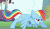 Size: 932x543 | Tagged: safe, screencap, rainbow dash, pegasus, pony, call of the cutie, g4, season 1, animated, female, flapping, gif, glare, grin, horses doing horse things, mare, pawing the ground, race, smiling, solo, tail flick, talking