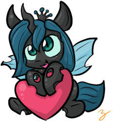 Size: 656x708 | Tagged: safe, artist:zutcha, queen chrysalis, changeling, changeling queen, g4, chibi, crown, cute, cutealis, female, heart, jewelry, regalia, solo, weapons-grade cute