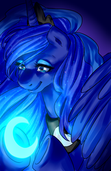 Size: 1242x1920 | Tagged: safe, artist:etrnlpeace, princess luna, alicorn, pony, g4, blue background, blue eyes, blue mane, crescent moon, crown, cute, digital art, ethereal mane, eyelashes, eyeshadow, feather, female, flowing mane, glowing, happy, horn, jewelry, makeup, mare, moon, moonlight, night, peytral, portrait, regalia, simple background, smiling, solo, sparkles, spread wings, starry mane, stars, wings