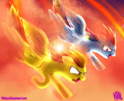 Size: 1024x833 | Tagged: safe, artist:pshyzomancer, rainbow dash, spitfire, g4, flying, racing, tongue out