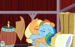 Size: 1440x900 | Tagged: safe, artist:furryskills, edit, applejack, rainbow dash, earth pony, pegasus, pony, g4, art theft, blushing, duo, female, kiss on the lips, kissing, lesbian, mare, ship:appledash, shipping