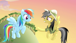 Size: 1280x720 | Tagged: safe, screencap, daring do, rainbow dash, pegasus, pony, daring don't, g4, clothes, cloud, duo, duo female, female, grin, hat, hill, hoofshake, mare, outdoors, smiling, spread wings, tail, tree, wings