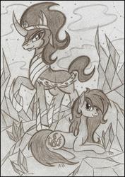 Size: 1652x2331 | Tagged: safe, artist:rossmaniteanzu, king sombra, oc, oc:juliet light, g4, crystal, monochrome, traditional art