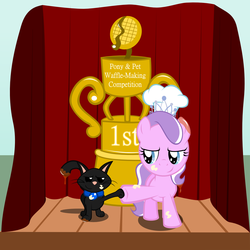 Size: 1635x1635 | Tagged: safe, artist:magerblutooth, diamond tiara, oc, oc:dazzle, cat, g4, batter, hoofbump, syrup, trophy