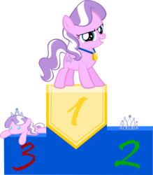 Size: 1000x1142 | Tagged: safe, artist:magerblutooth, diamond tiara, earth pony, pony, g4, female, filly, foal, glare, grin, looking at you, medal, plushie, podium, simple background, smiling, solo, tiara, transparent background, vector