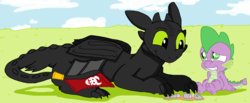 Size: 5808x2384 | Tagged: safe, artist:tagman007, spike, dragon, fish, g4, crossover, dreamworks, how to train your dragon, prosthetics, toothless the dragon