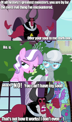 Size: 640x1080 | Tagged: safe, edit, screencap, diamond tiara, lord tirek, silver spoon, twilight sparkle, alicorn, pony, g4, twilight time, twilight's kingdom, adventure time, angry, comic, female, frown, glare, gunter (adventure time), hudson abadeer, image macro, lidded eyes, male, mare, meme, no u, open mouth, reference, scorpan's necklace, smirk, trolling, twilight sparkle (alicorn)