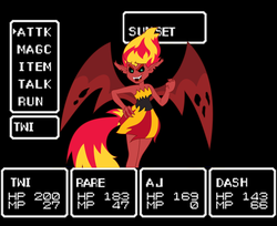 Size: 700x570 | Tagged: safe, artist:drpain, applejack, rainbow dash, rarity, sunset shimmer, twilight sparkle, equestria girls, g4, my little pony equestria girls, boss battle, master system, phantasy star, sega, sega master system, sunset satan