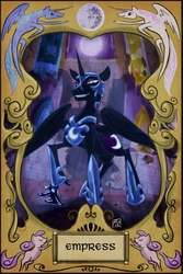 Size: 1204x1799 | Tagged: safe, artist:robd2003, nightmare moon, g4, female, grin, looking at you, mare in the moon, moon, smiling, solo, tarot, tarot card
