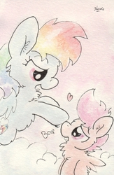 Size: 679x1043 | Tagged: safe, artist:slightlyshade, rainbow dash, scootaloo, g4, boop, cloud, cloudy, eye contact, fluffy, grin, heart, open mouth, smiling, smirk, traditional art