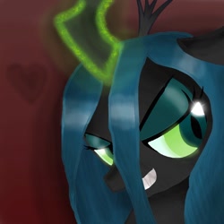 Size: 894x894 | Tagged: safe, artist:chanceyb, queen chrysalis, changeling, changeling queen, g4, crown, evil smile, female, glowing horn, horn, jewelry, regalia, solo