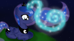 Size: 1080x609 | Tagged: safe, artist:chanceyb, princess luna, alicorn, pony, g4, female, magic, night, sitting, solo