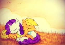 Size: 2040x1434 | Tagged: safe, artist:canvymamamoo, applejack, rarity, g4, cuddling, female, lesbian, ship:rarijack, shipping, snuggling