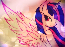 Size: 2003x1468 | Tagged: safe, artist:canvymamamoo, twilight sparkle, alicorn, pony, unicorn, semi-anthro, g4, artificial wings, augmented, female, human shoulders, looking back, mare, shoulder fluff, solo, twilight sparkle (alicorn), unicorn twilight, wings