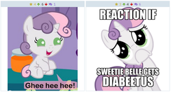 Size: 564x302 | Tagged: safe, sweetie belle, pony, derpibooru, g4, baby, baby belle, baby pony, cute, diabetes, diasweetes, exploitable meme, foal, juxtaposition, juxtaposition win, looking back at the past, meme, meta, reaction if