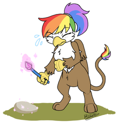 Size: 796x828 | Tagged: safe, artist:breezepleeze, oc, oc only, oc:rainbow feather, griffon, hybrid, griffon magic, interspecies offspring, magic, magical lesbian spawn, offspring, parent:gilda, parent:rainbow dash, parents:gildash, rock, solo, wand