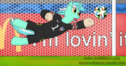 Size: 1920x1010 | Tagged: safe, artist:vectoredthrust, lyra heartstrings, g4, female, football, im lovin it, mcdonald's, solo, things lyra can save, tim howard, world cup, world cup 2014, you deserve a break today