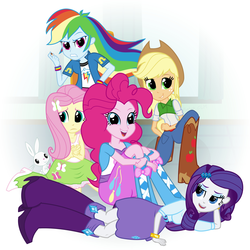 Size: 1833x1833 | Tagged: safe, artist:violetclm, angel bunny, applejack, fluttershy, pinkie pie, rainbow dash, rarity, equestria girls, g4, balloon, boots, bracelet, cigarette, clothes, cowboy boots, fanfic, fanfic art, fanfic cover, high heel boots, humane five, jeans, jewelry, parody, skirt, the breakfast club, wristband
