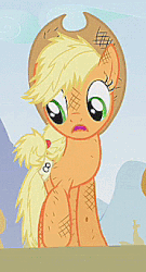 Size: 185x343 | Tagged: safe, screencap, applejack, fall weather friends, g4, season 1, animated, applejack's hat, awkward moment, cowboy hat, cute, dirty, female, frown, hat, open mouth, pawing the ground, sad, solo, talking